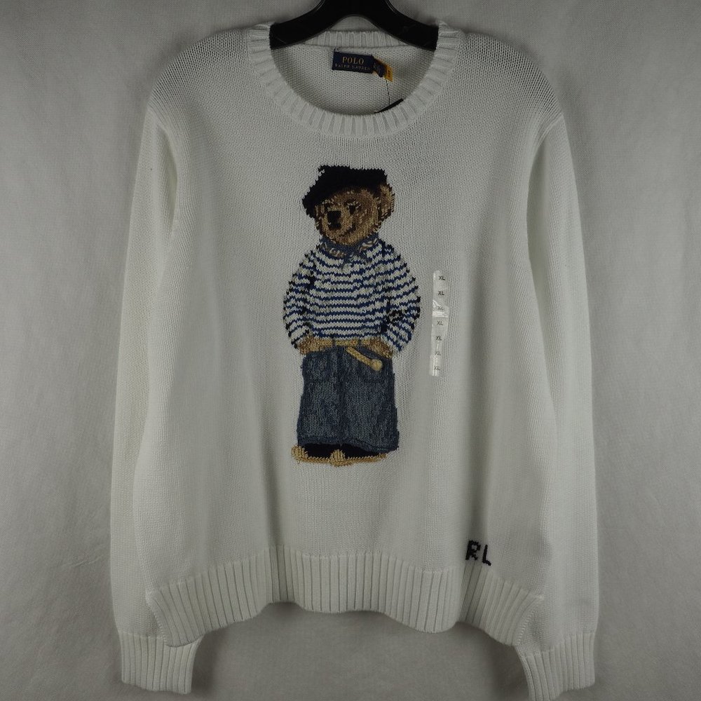 Polo Ralph Lauren Women's Sweater French Bear Beret Knit Cotton White XL